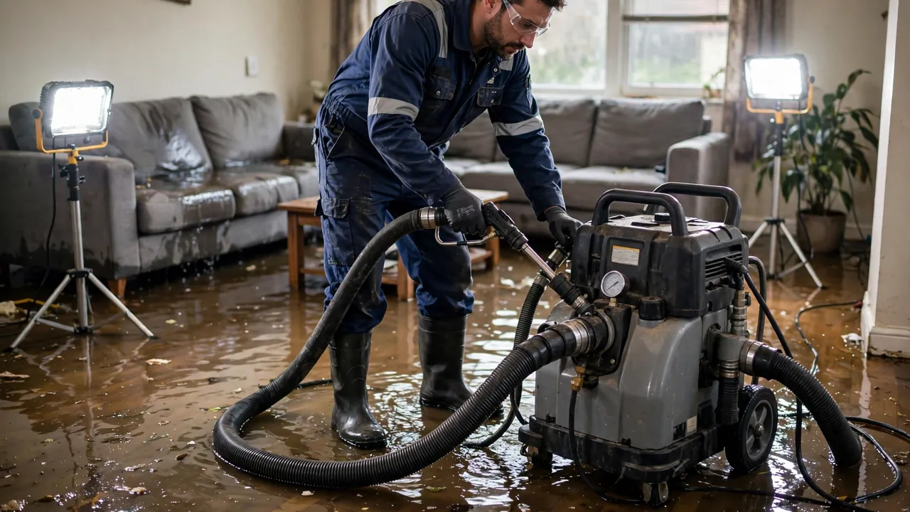 Water damage restoration technician operating extraction equipment in a flooded home